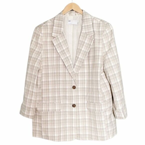 ASOS Design Oversized Blazer Cream Tan Plaid Boyfriend Jacket Size 12P 12 Petite - Picture 9 of 9